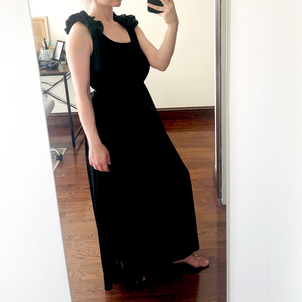 Elegant Black Mesh Maxi Dress with Decorative Rose-like Shoulders